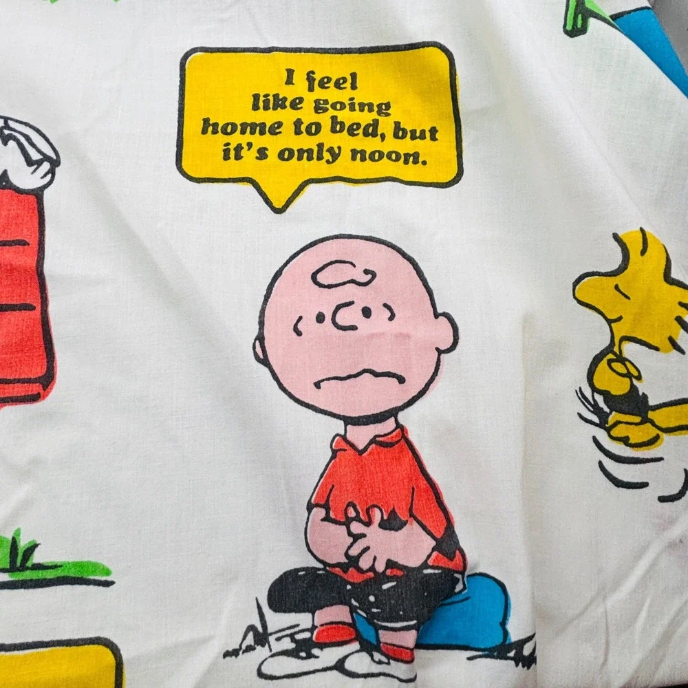 Vintage Peanuts Sleeping Quotes Twin Flat Sheet JCPenney 1971 Snoopy Charlie‎